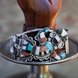 Vintage 1940's Zuni Inlaid Rainbow Bracelet, Vintage Zuni Turquoise Cuff, Old Pawn Turquoise Onyx Coral Bracelet, Vintage Handmade Old Pawn