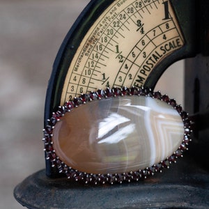 Antique Victorian Banded Agate Garnet Brooch, Silver Setting