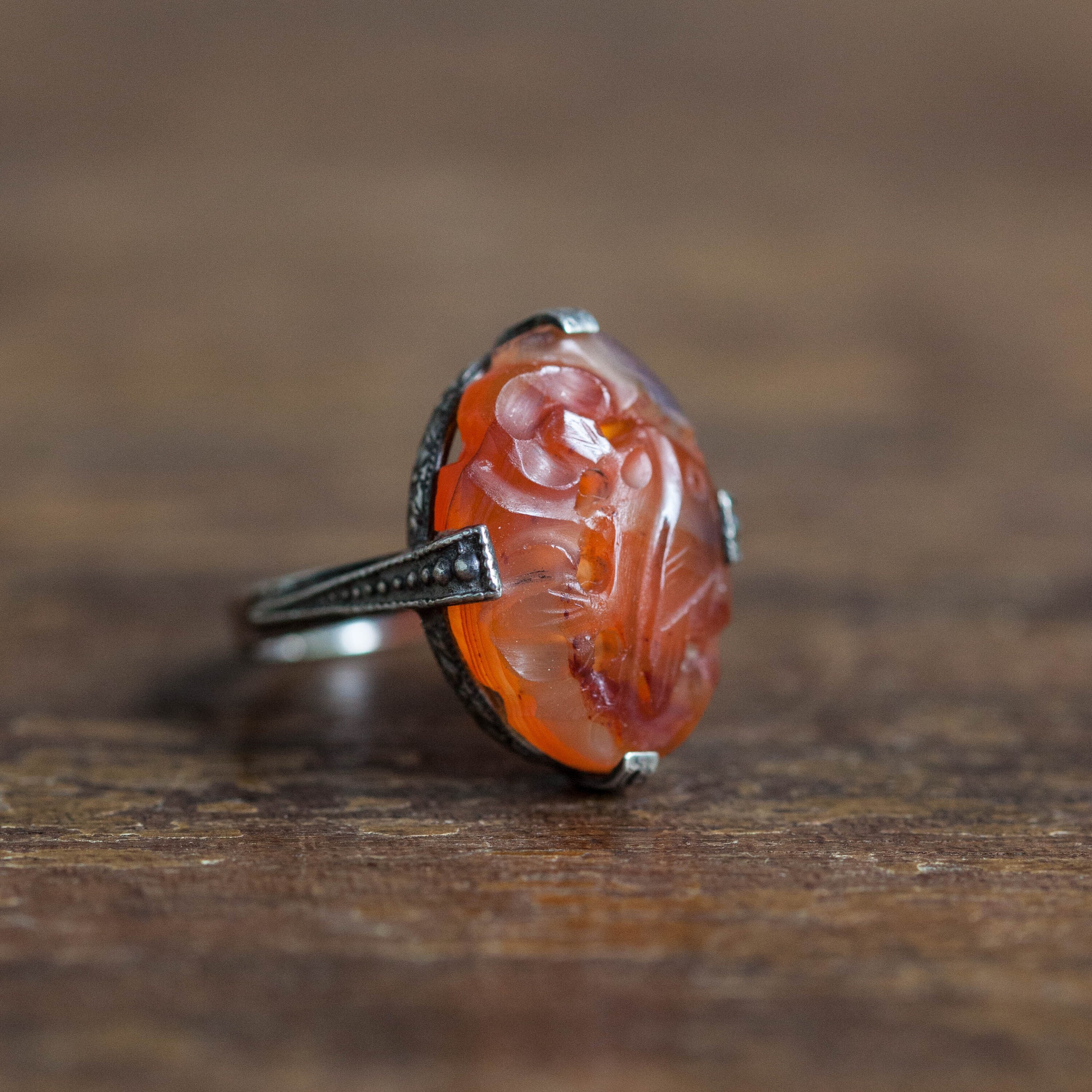 Antique Chinese Export Silver Ornate Carved Flower Carnelian Adjustable Ring  | eBay