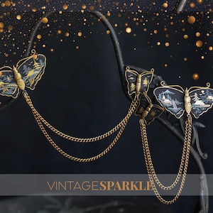Damascene Butterfly Brooch, Japanese Scenic Brooch, Double Brooch With Chains, Gold Black Damascene, Vintage Butterfly Pin, 1950s Jewelry