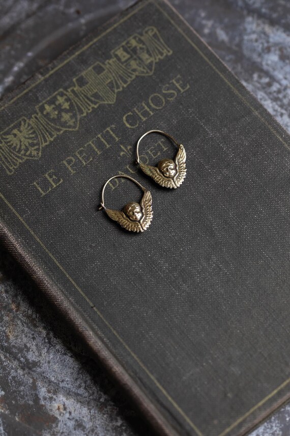 Vintage Laurel Burch Eros Cupid Hoop Earrings Brass Angel Wing Cherub Earrings Mythology Artisan Designer Jewelry View 6