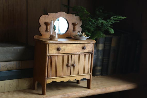 Vintage Wooden Doll Dresser with Mirror, Miniature Washstand, Dollhouse Furniture, Primitive Wood Cabinet, Jewelry Organizer, Toy Furniture