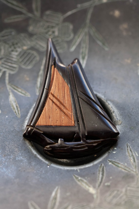 1940's Black Bakelite Wood Sailboat Brooch, Antiqu