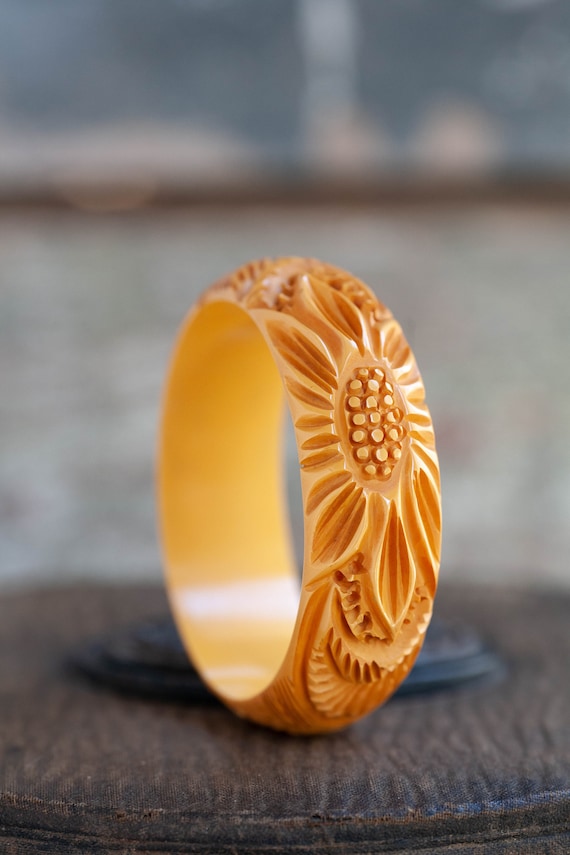 Vintage Carved Sunflower Bakelite Bangle, Carved … - image 1