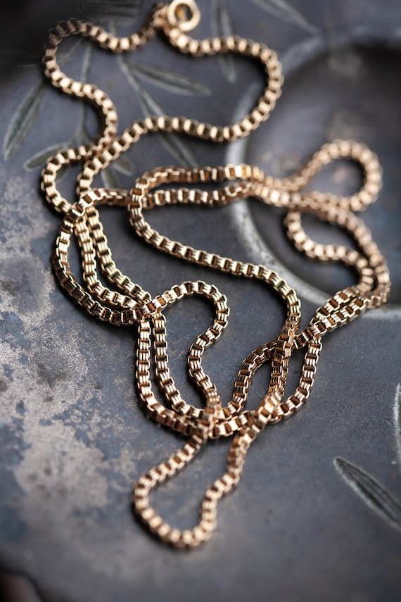 Victorian 14K Textured Box Link Chain, Antique 14k