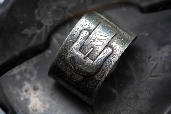 WIDE Victorian Sterling Buckle Cuff, Victorian St… - image 1