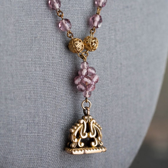 Art Nouveau Fob Necklace, Art Nouveau Purple Glas… - image 5