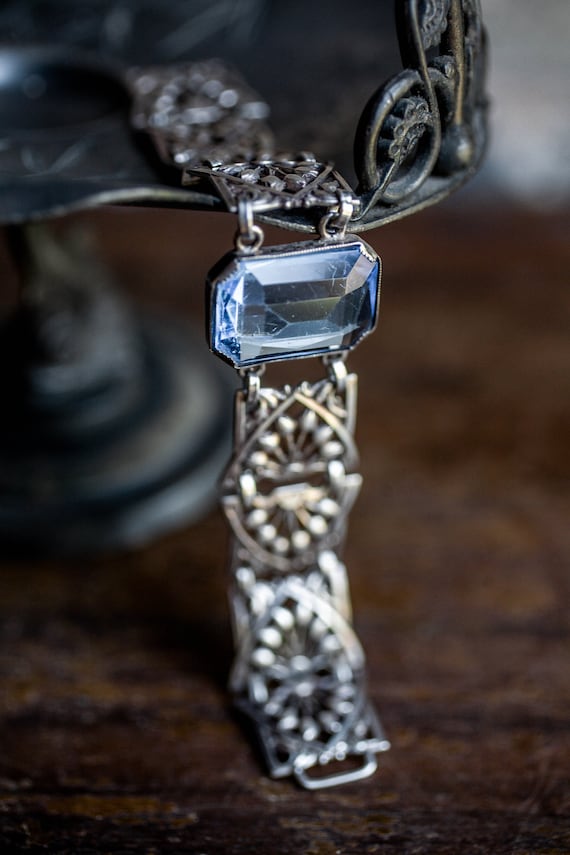 Sterling Art Deco Bracelet, Blue Deco Bracelet, A… - image 2