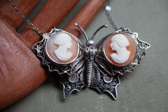 Antique Butterfly Cameo Necklace, Antique Sterlin… - image 1