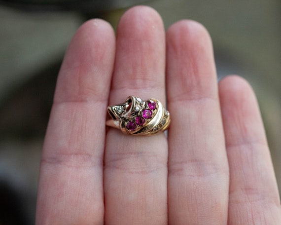1940's Retro Modern Rose Gold Ruby Diamond Ring, 1940's Old Hollywood Ruby Diamond Ring, Antique Rose Gold Diamond Ruby Ring