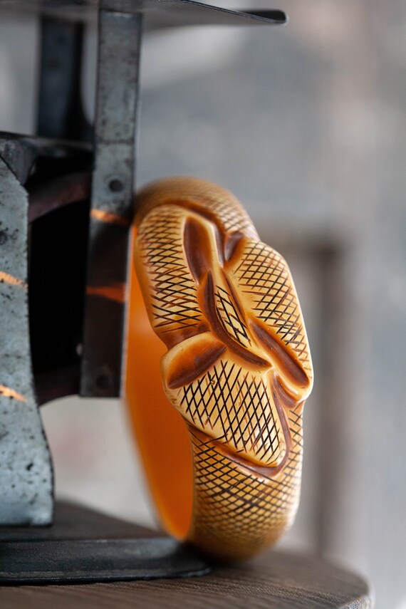 Antique Carved Butterscotch Snake Bangle, Chunky … - image 6