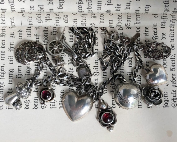 Vintage Sterling Silver Garnet Charm Necklace, Vin