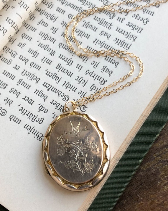 Victorian 10K Swallow Ivy Locket, Antique Bird Loc