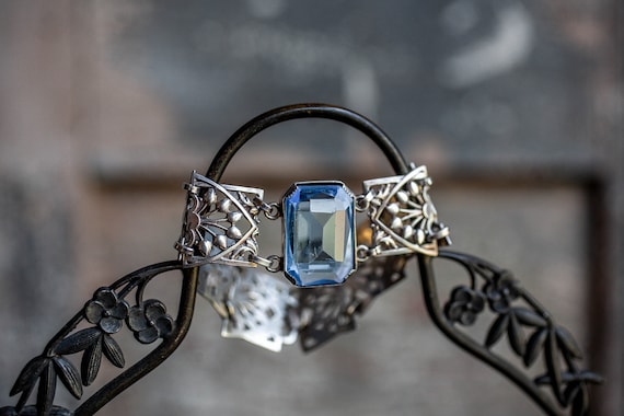 Sterling Art Deco Bracelet, Blue Deco Bracelet, A… - image 1