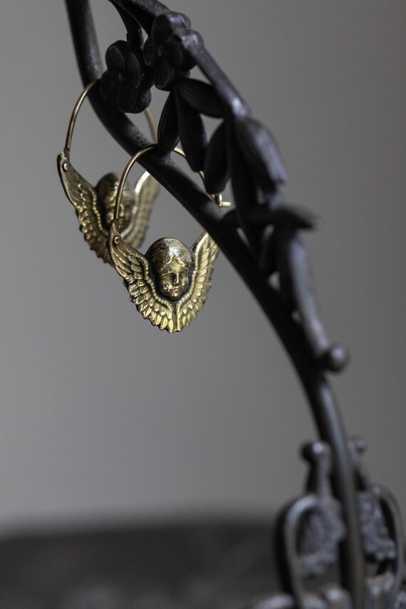 Vintage Laurel Burch Eros Cupid Hoop Earrings Brass Angel Wing Cherub Earrings Mythology Artisan Designer Jewelry View 3