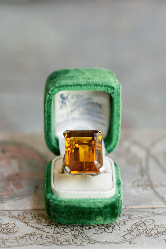 HUGE Faux Citrine Sterling Silver Ring, Retro Ster