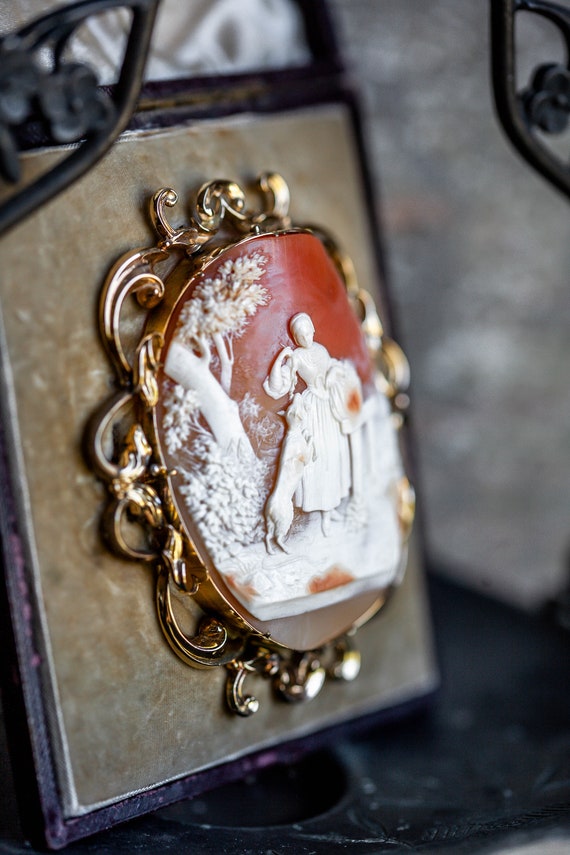 RARE Antique Museum Cameo, 1800's Country Scene Cameo Brooch, Antique Full Body Cameo, Antique Carver Signed Cameo, Antique Girl Sheep Cameo View 2