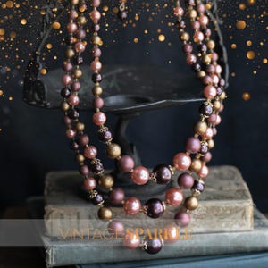 Pink Pearl Necklace, Triple Strand Beaded Necklace, Japan Stamped, Gold Filigree Caps, Peach Burgundy Beads, Vintage 1950s Necklace