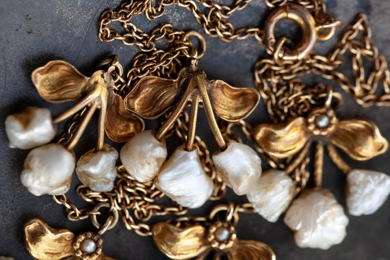 14K Art Nouveau Pearl Necklace, 14K Gold Natural … - image 8