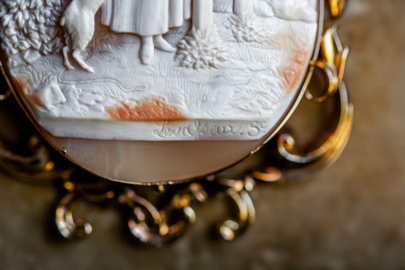RARE Antique Museum Cameo, 1800's Country Scene Cameo Brooch, Antique Full Body Cameo, Antique Carver Signed Cameo, Antique Girl Sheep Cameo View 3