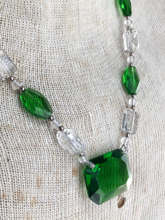 1920's Art Deco Green & Clear Glass Necklace, Art… - image 4