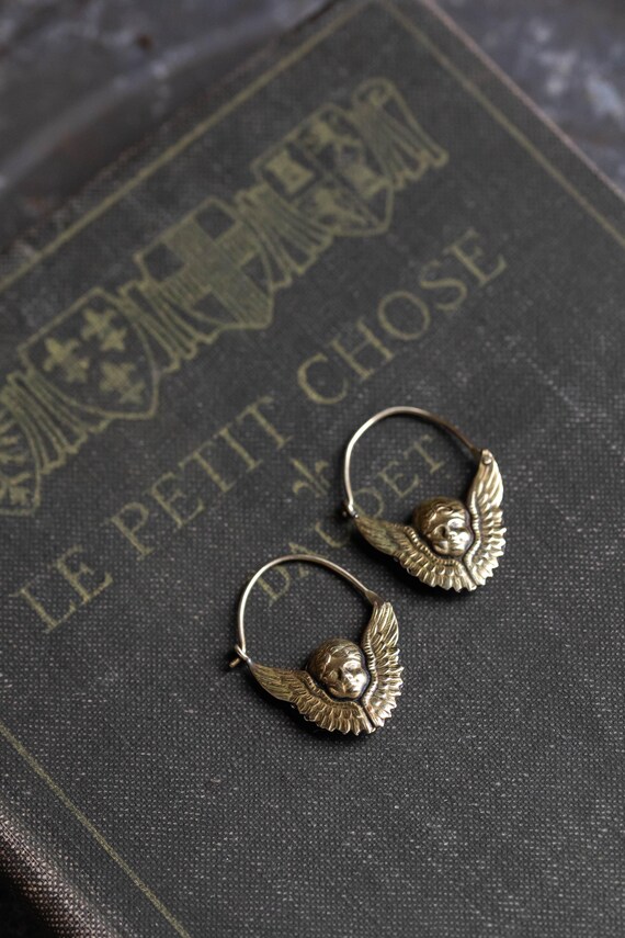 Vintage Laurel Burch Eros Cupid Hoop Earrings Brass Angel Wing Cherub Earrings Mythology Artisan Designer Jewelry