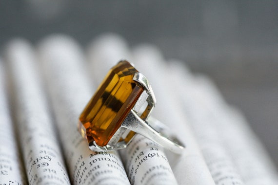 HUGE Faux Citrine Sterling Silver Ring, Retro Ste… - image 5