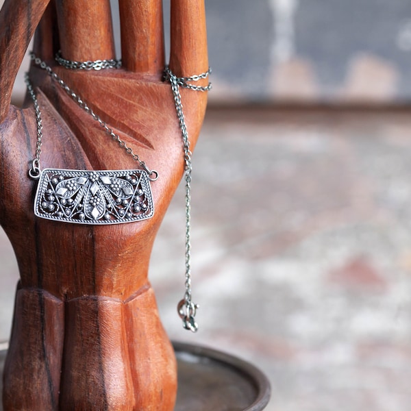 Vintage Cannetille Sterling Necklace, Vintage Handmade Sterling Necklace, Unique Cannetille Sterling Pendant Necklace, Cannetille Sterling