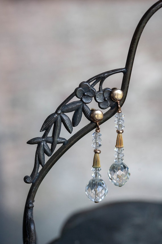 Art Deco Gold Filled Crystal Earrings, Antique Cry
