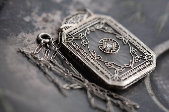Art Deco 14K Diamond Camphor Necklace, Antique Ca… - image 1