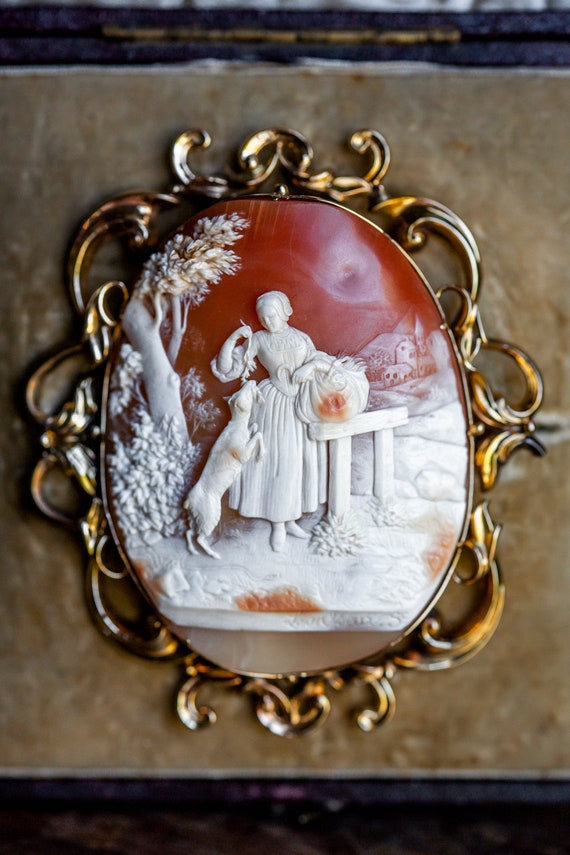 RARE Antique Museum Cameo, 1800's Country Scene Cameo Brooch, Antique Full Body Cameo, Antique Carver Signed Cameo, Antique Girl Sheep Cameo View 6