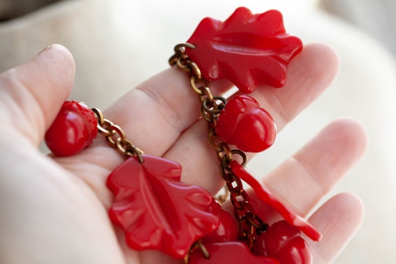 1930's Bakelite Acorn Charm Necklace, Vintage Red… - image 5