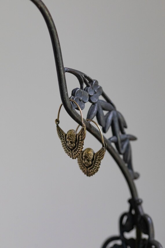 Vintage Laurel Burch Eros Cupid Hoop Earrings Brass Angel Wing Cherub Earrings Mythology Artisan Designer Jewelry View 2