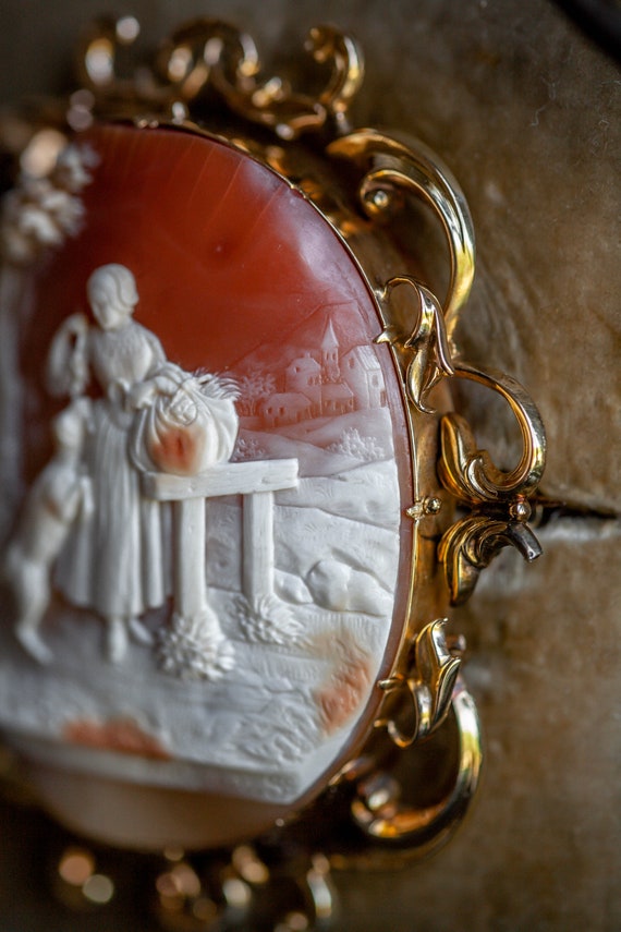 RARE Antique Museum Cameo, 1800's Country Scene Cameo Brooch, Antique Full Body Cameo, Antique Carver Signed Cameo, Antique Girl Sheep Cameo View 4