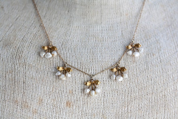 14K Art Nouveau Pearl Necklace, 14K Gold Natural … - image 1