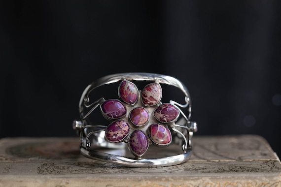 Sterling Silver Statement Cuff Bracelet with Pink… - image 1