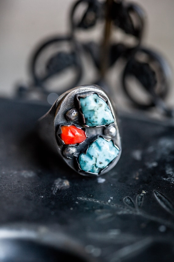 Vintage Sterling Coral & Turquoise Ring, Native Am