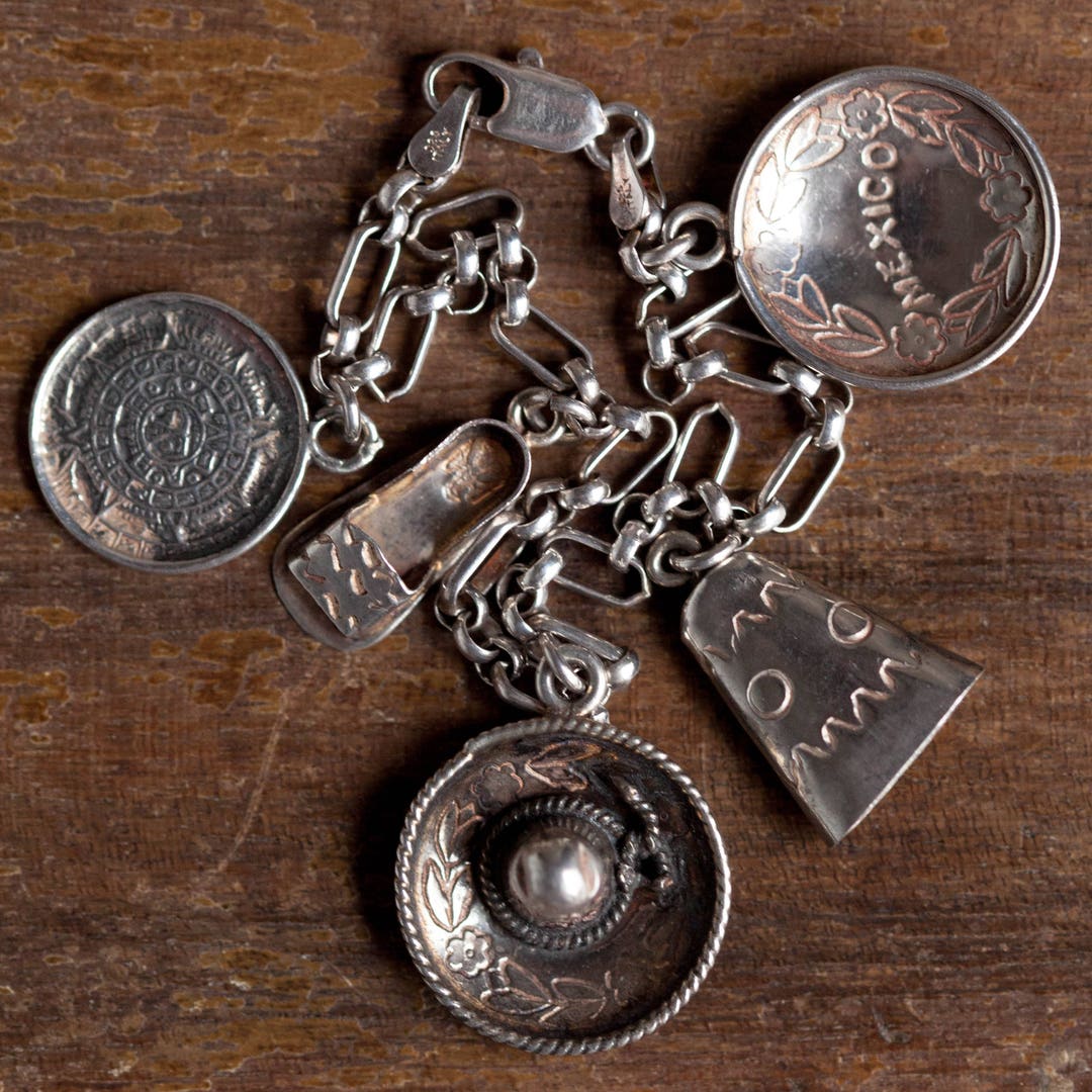 Bracelet Vintage En Argent Sterling 925 Avec Charms (Espagne/Mexique) - Thèmes Musique, Danse, Corrida - Occasion Bon état