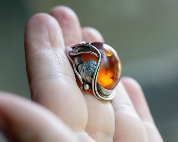 Chunky Vintage Amber Sterling Ring, Vintage Handmade Amber Ring, 1970's Amber Ring, Huge Amber Sterling Ring, European Amber Ring