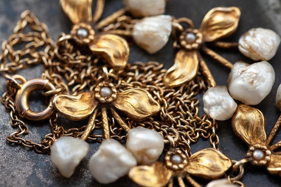 14K Art Nouveau Pearl Necklace, 14K Gold Natural … - image 2