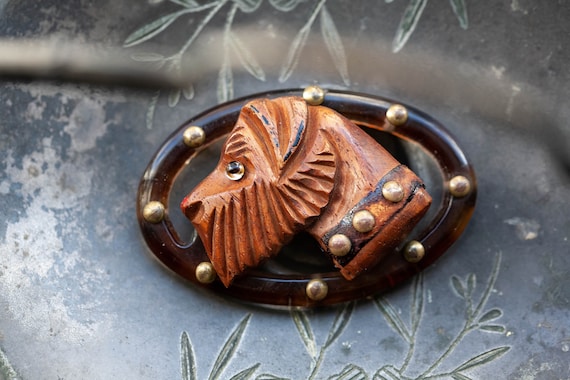 1930's Lucite and Carved Wood Scotty Dog, Vintage Lucite Scotty Dog, Deco Lucite Wood Dog Brooch, Scotty Dog Jewelry