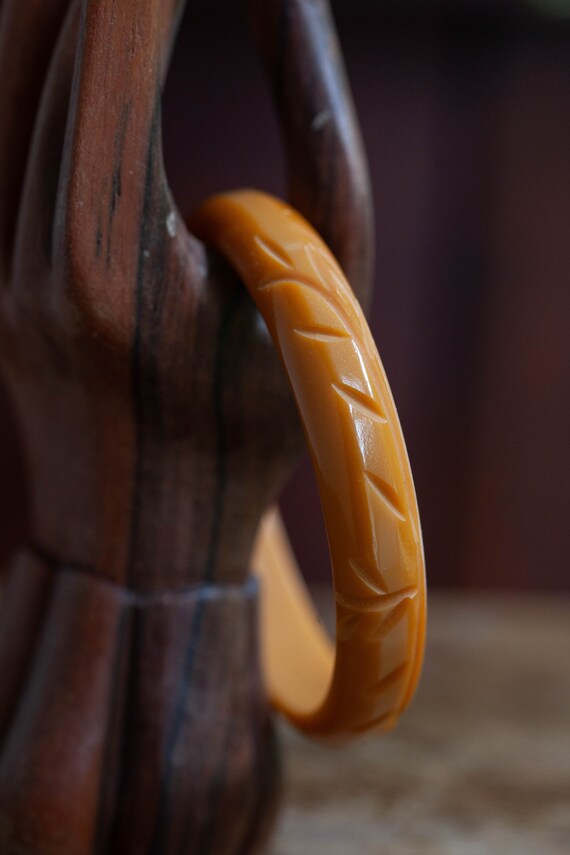 Butterscotch Carved Bakelite Bangle, Carved Branc… - image 2