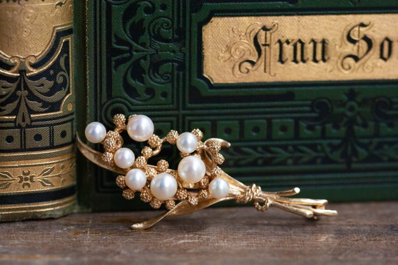 Vintage 14k Pearl Brooch, 14K Akoya Pearl Brooch,… - image 1