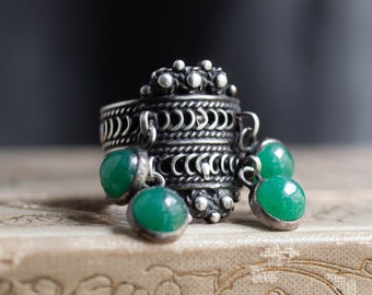 Mexican Sterling Silver Aventurine Charm Ring, Vintage Taxco Sterling Filigree Shaker Ring, Vintage Sterling Gyspy Ring, Belly Dancer Ring