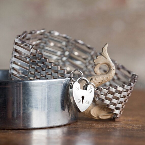 WIDE Vintage Sterling English Gate Bracelet, Vinta