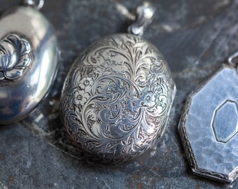 Oval Sterling Victorian Locket, Chased Sterling Victorian Flower Jewelry, Antique Floral Sterling Locket, Antique Sterling Photo Locket