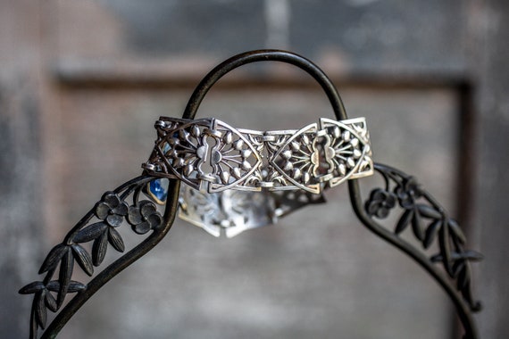 Sterling Art Deco Bracelet, Blue Deco Bracelet, A… - image 3