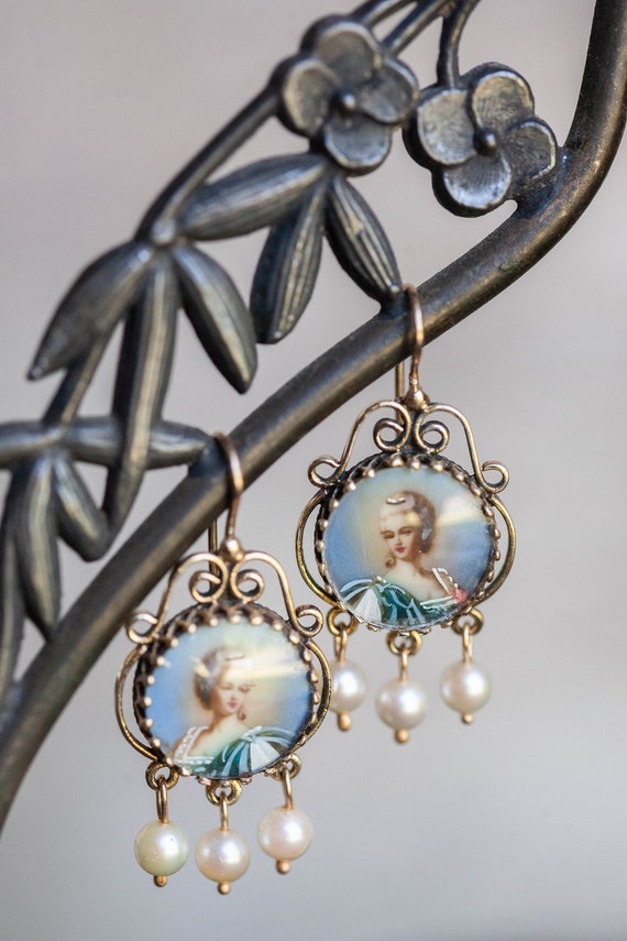 Vintage Portrait Miniature Earrings, Vintage 14K P