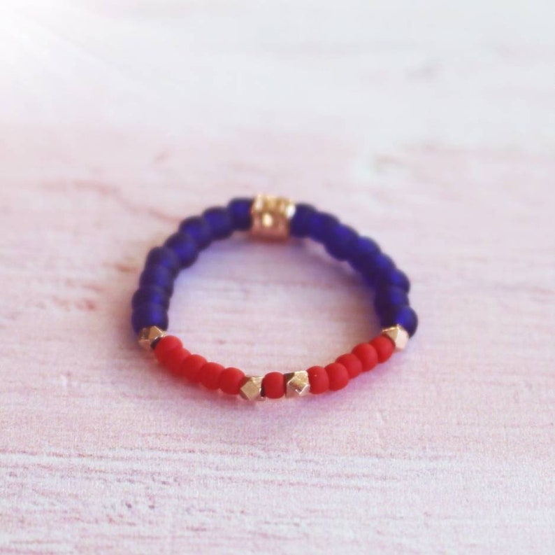 Thumb Ring Stacking Ring Rose Gold Red and Blue Bead Ring Handmade Stretch Ring Sparkle Ring, Beaded Ring