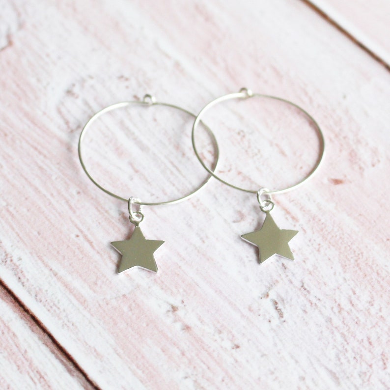 Gift for Her, Jewellery Gift 925 Sterling Silver Star Hoop Earrings Silver Earrings